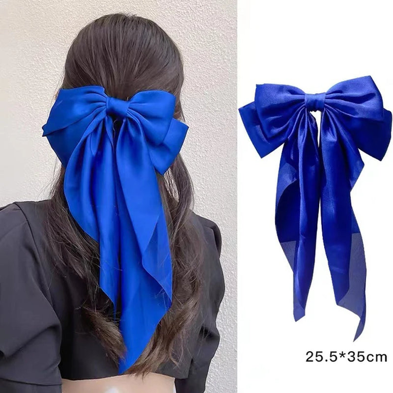 Elegant Red Streamer Large Bow Ribbon Hair Clip for Women Fashion Simple Solid Satin Ponytail Bow Hairpin Girls Hair Accessories