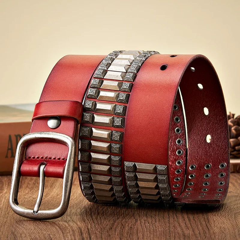 New Cowboy Motorcycle Jeans Heavy Metal Rivet Belts for Men Genuine Leather Belt Punk Rock Male Strap Ceinture Homme