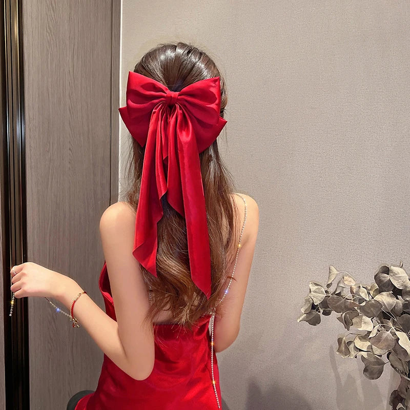 Elegant Red Streamer Large Bow Ribbon Hair Clip for Women Fashion Simple Solid Satin Ponytail Bow Hairpin Girls Hair Accessories