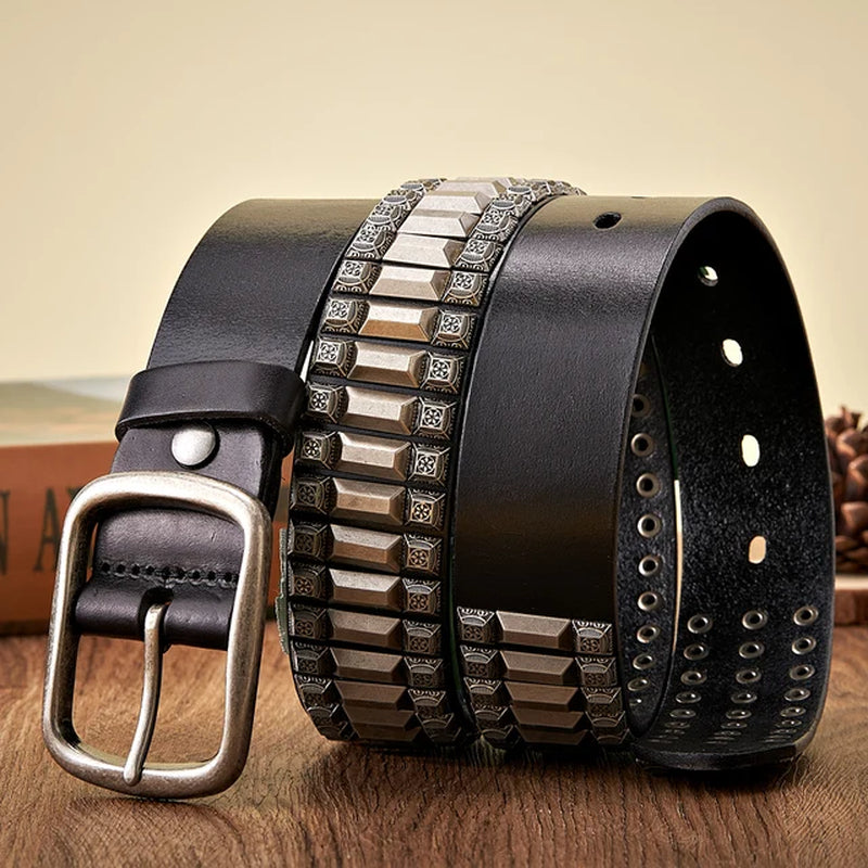 New Cowboy Motorcycle Jeans Heavy Metal Rivet Belts for Men Genuine Leather Belt Punk Rock Male Strap Ceinture Homme