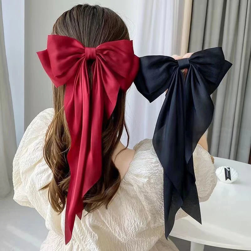 Elegant Red Streamer Large Bow Ribbon Hair Clip for Women Fashion Simple Solid Satin Ponytail Bow Hairpin Girls Hair Accessories