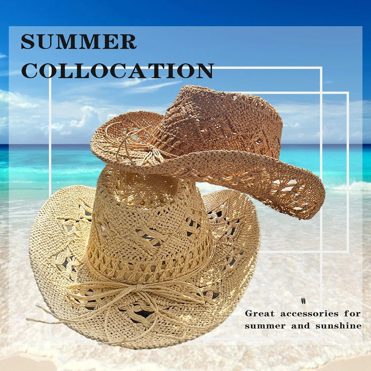Women Straw Cowboy Hats, Western Cowgirl Hat for Holiday Party, Foldable Vacation Beach Sun Hat with Wide Brim