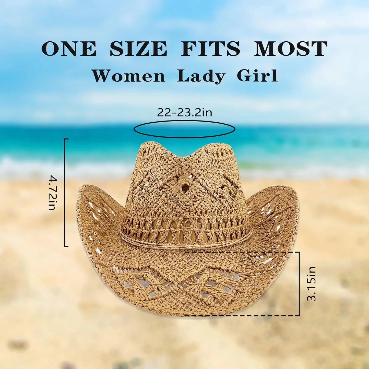 Women Straw Cowboy Hats, Western Cowgirl Hat for Holiday Party, Foldable Vacation Beach Sun Hat with Wide Brim