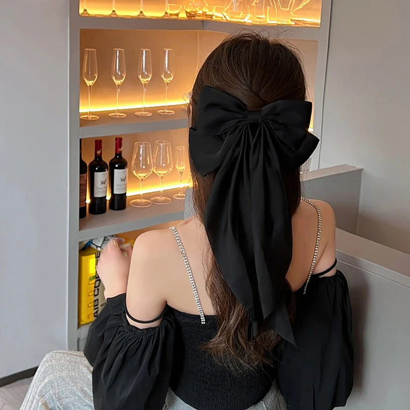 Elegant Red Streamer Large Bow Ribbon Hair Clip for Women Fashion Simple Solid Satin Ponytail Bow Hairpin Girls Hair Accessories