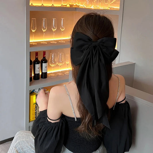 Elegant Red Streamer Large Bow Ribbon Hair Clip for Women Fashion Simple Solid Satin Ponytail Bow Hairpin Girls Hair Accessories